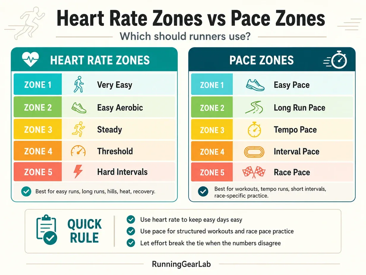 Infographic comparing heart rate zones and pace zones for runners